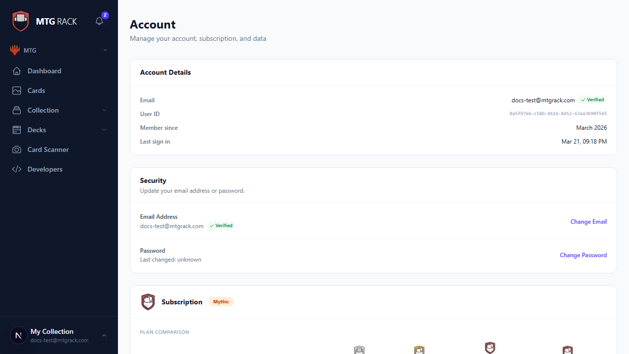 Account overview page showing tier, stats, and account details