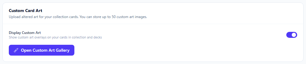 Custom Art Gallery showing uploaded card art thumbnails