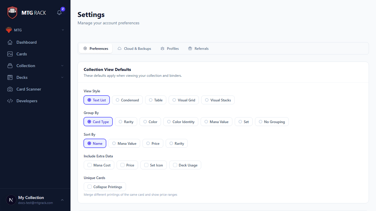 Settings preferences tab showing view style, grouping, and currency options