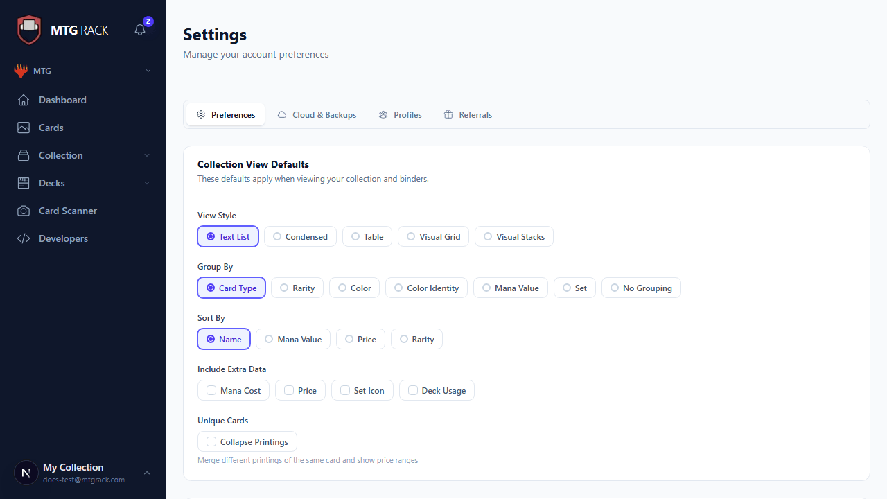 Profiles tab showing profile editor with avatar upload and handle availability
