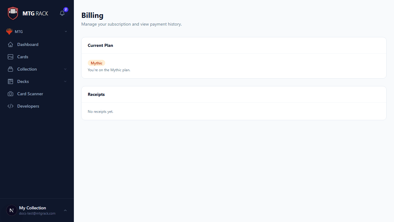 Tier comparison table showing Free, Rare, Mythic, and Unlimited features