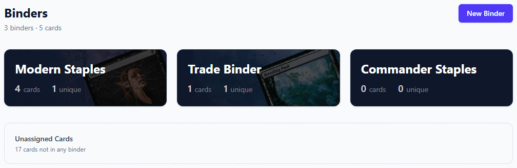 Binder list with card previews