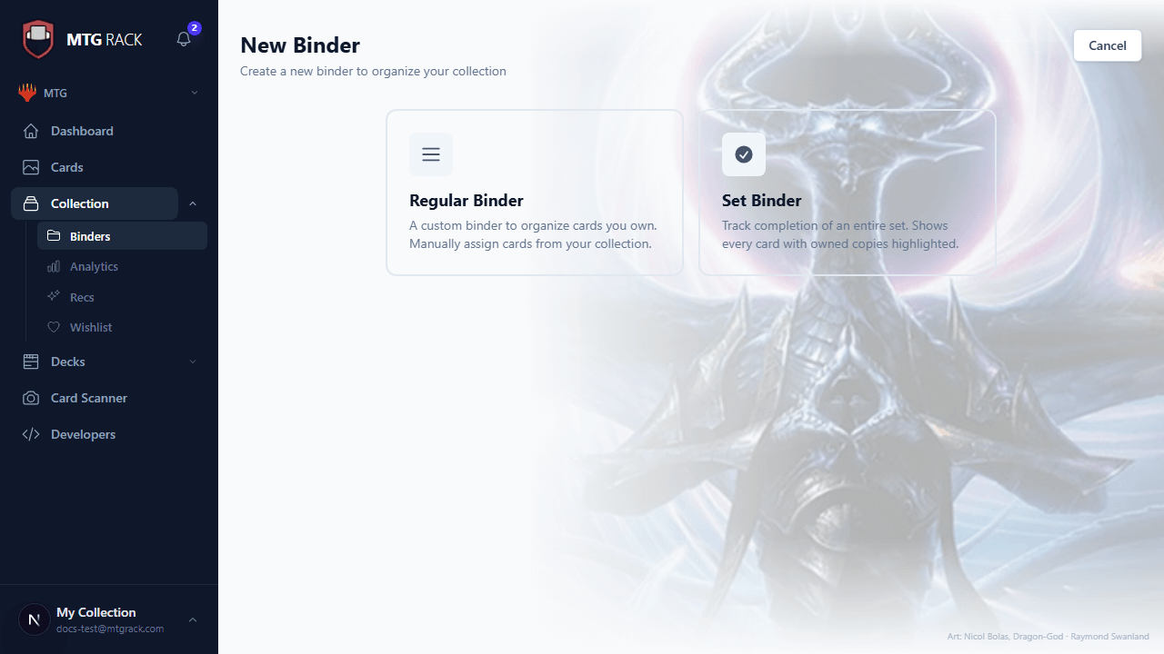 Create binder dialog with name and set selection