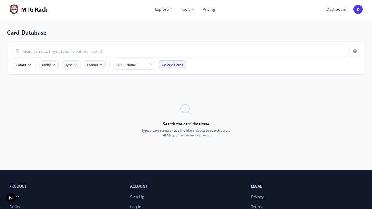 Card details side panel showing full information, printings, and price sparkline