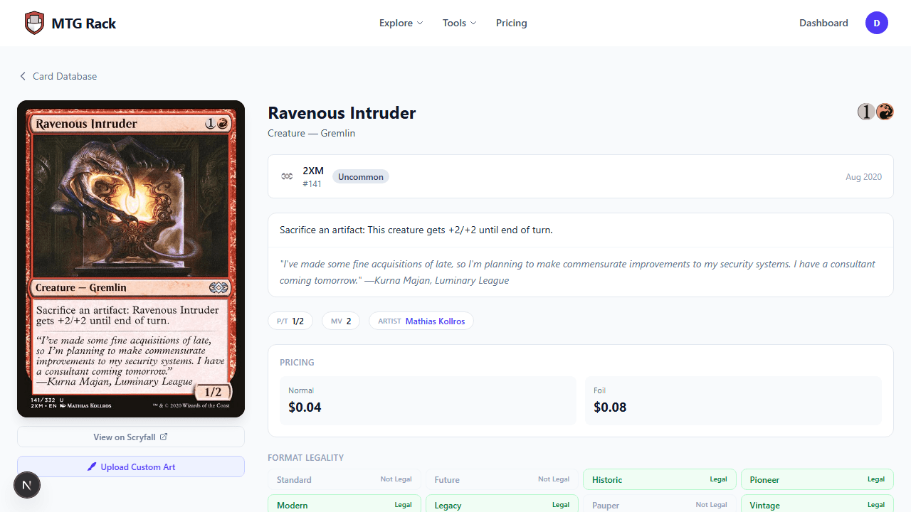 Full card detail page with image, stats, printings, and price information