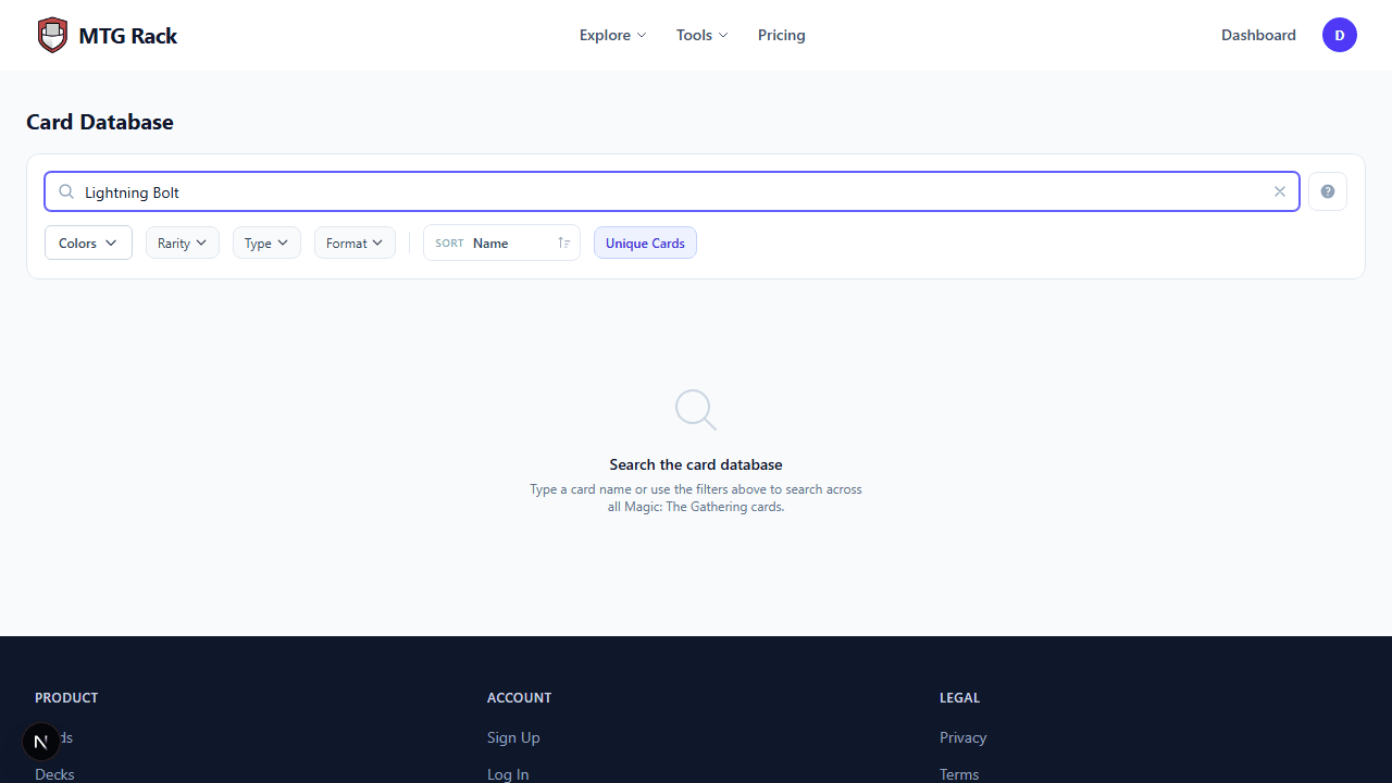 Card database search results showing a grid of matching cards
