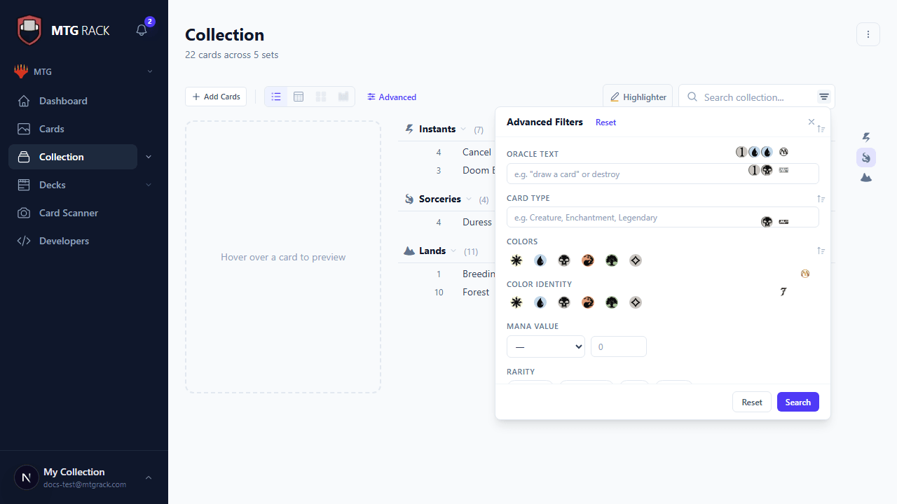 Advanced filter panel with all filter options expanded