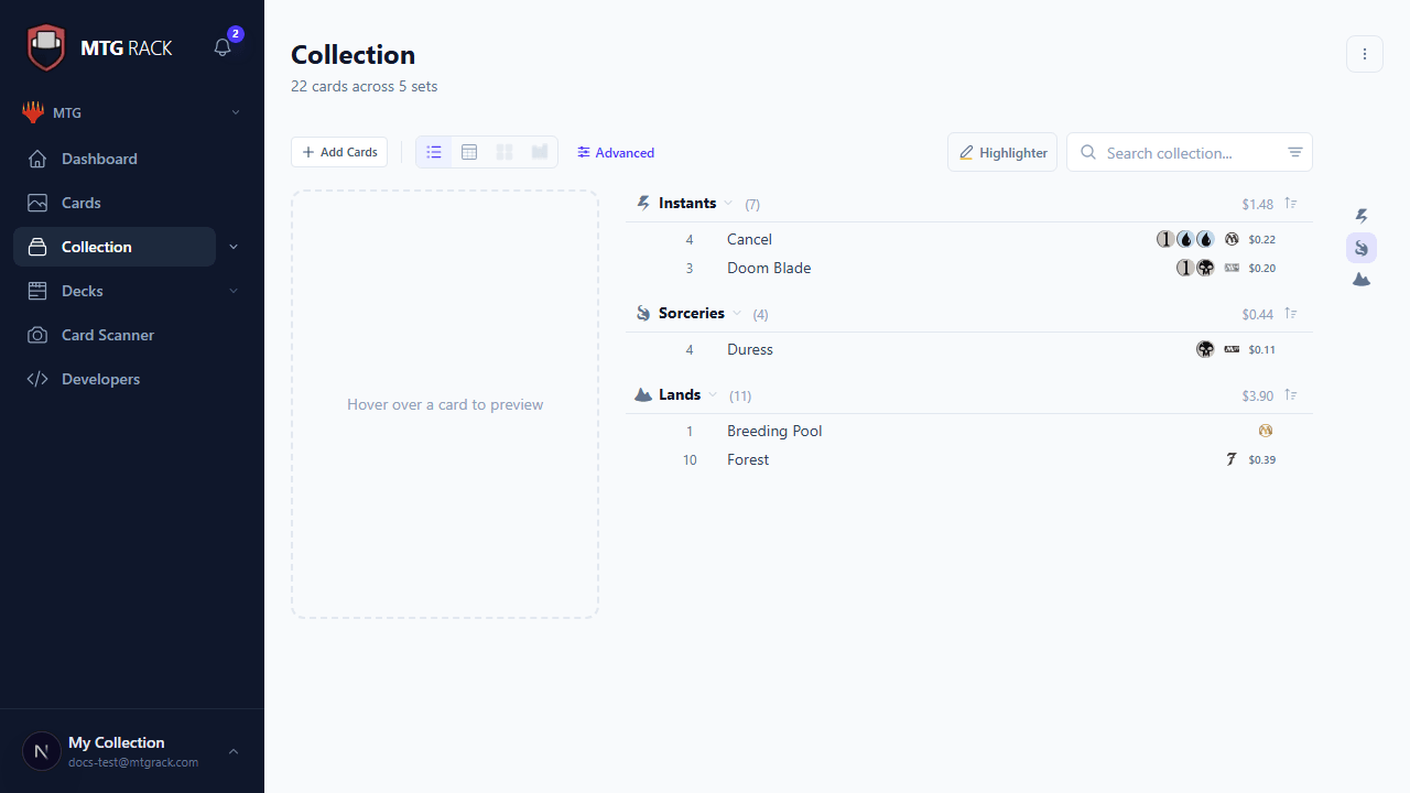 Card detail panel showing prices and metadata