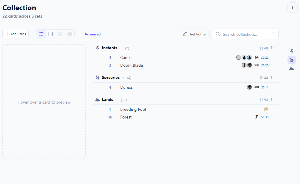 Condensed view showing many cards in a compact list