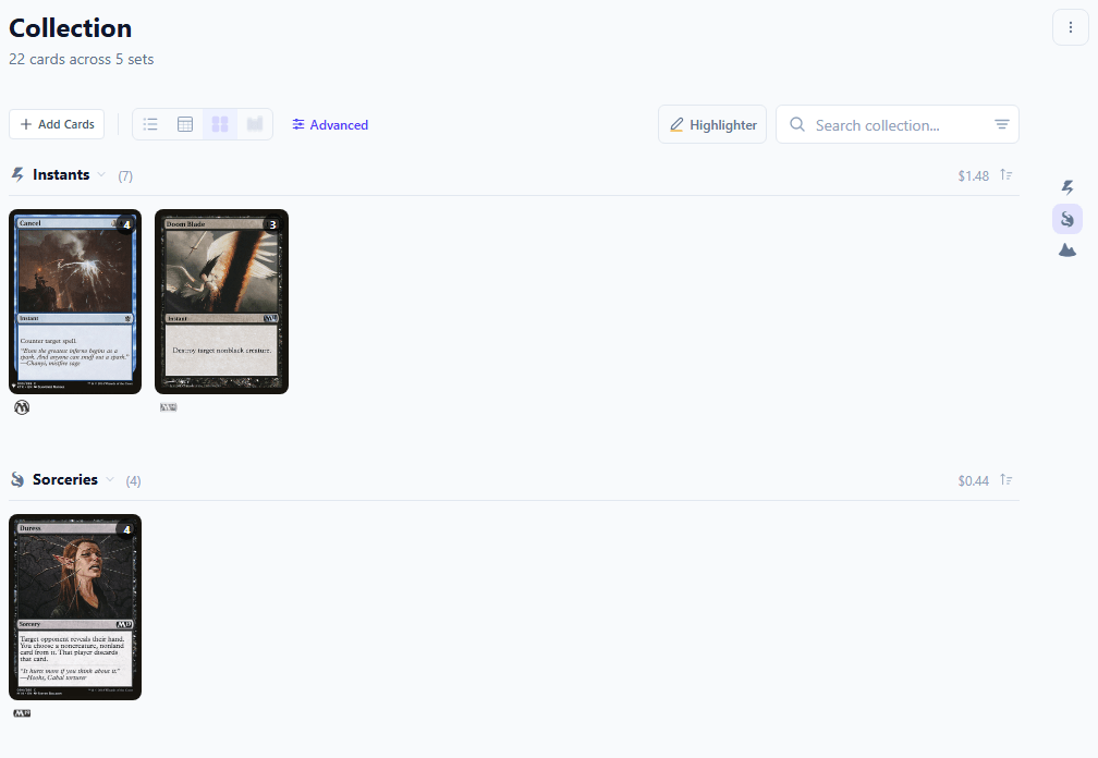 Visual grid showing card images in a responsive layout