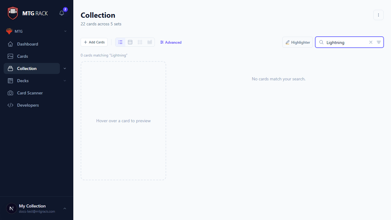 Search autocomplete showing matching cards as you type