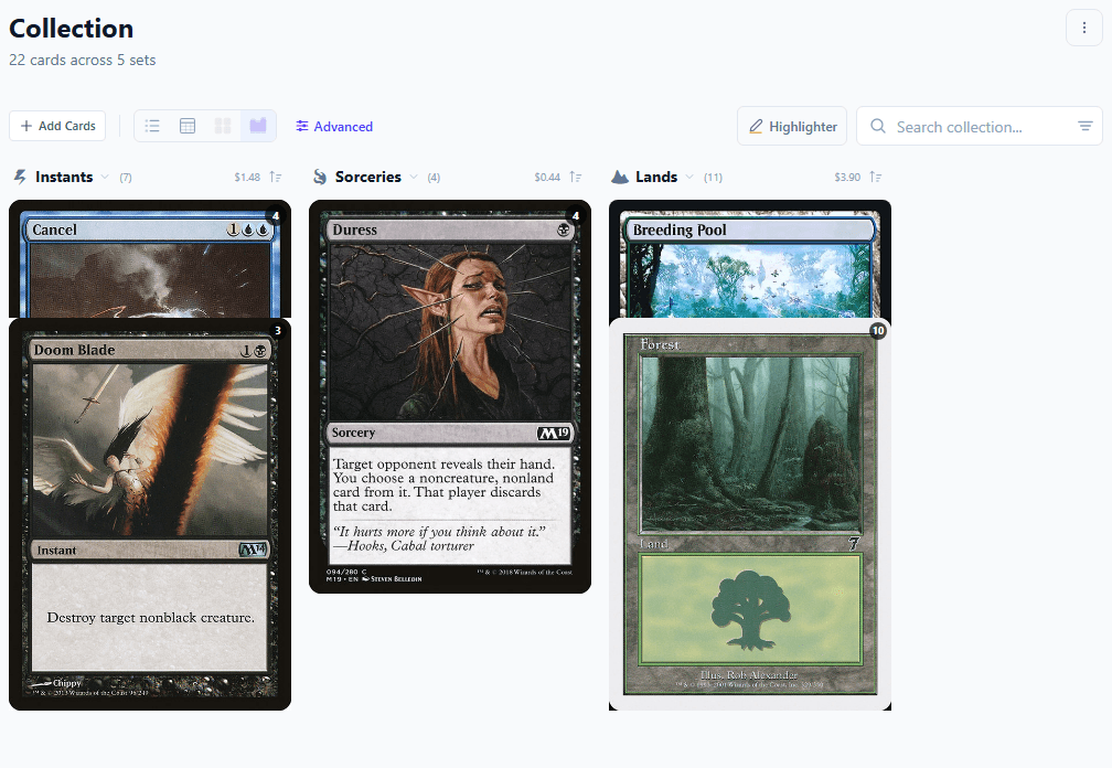 Visual stacks view with cards grouped by type