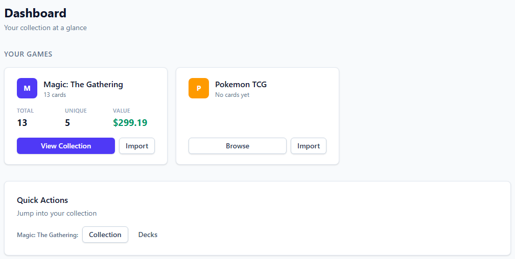 MTG Rack dashboard showing collection stats