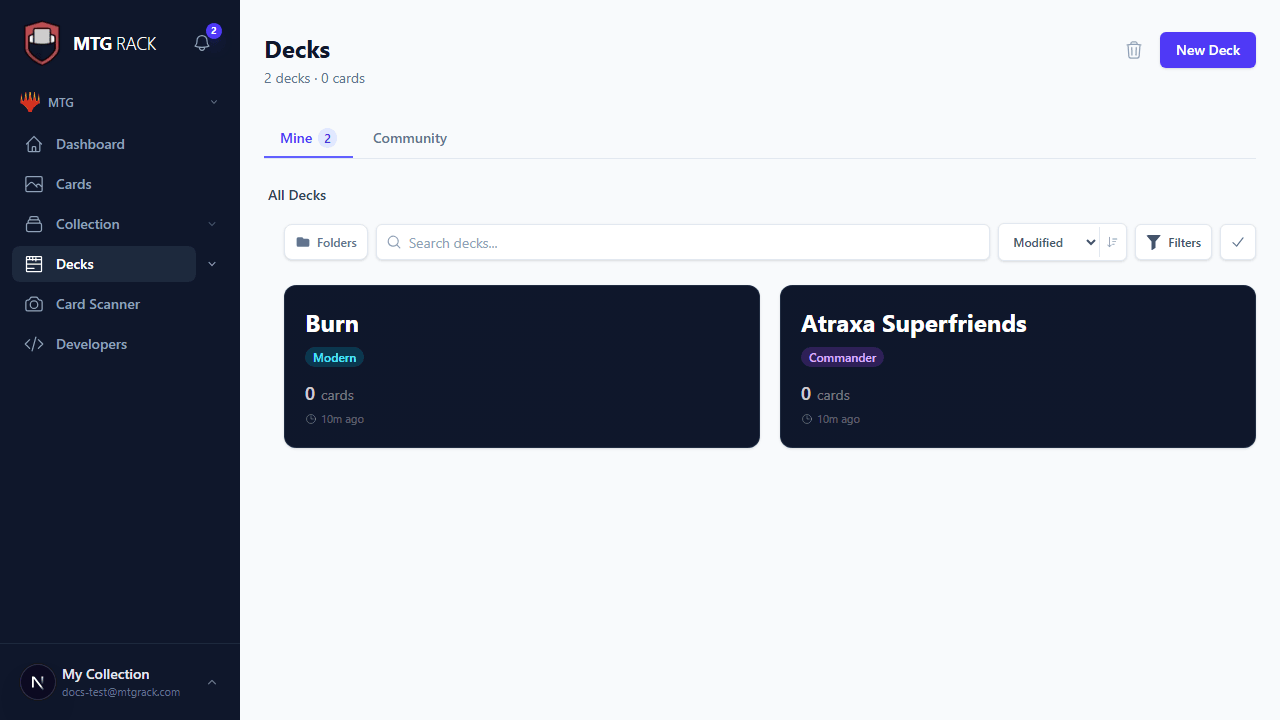 Deck list showing decks with colored label badges