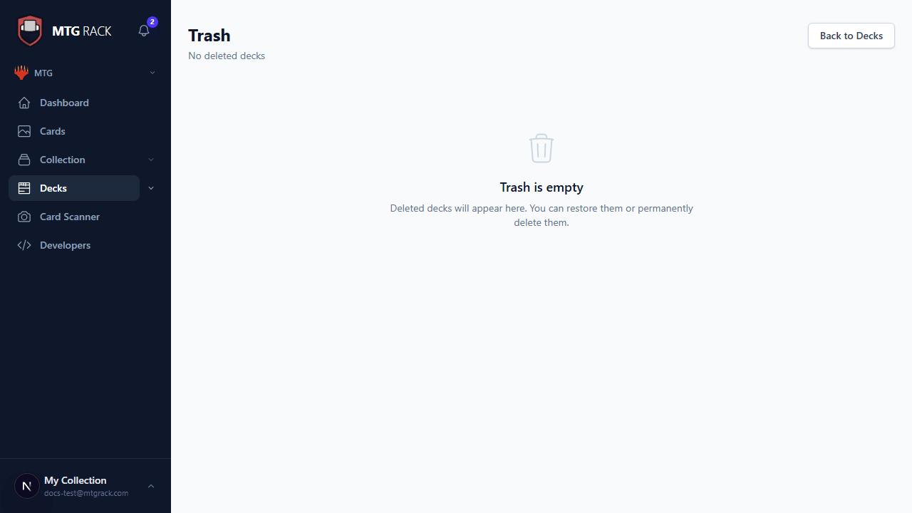 Deck trash view showing deleted decks with restore and delete options