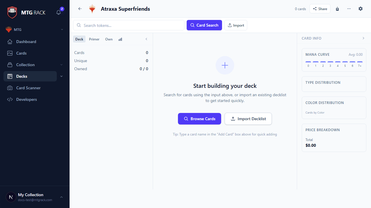 Deck editor in columns view showing cards arranged by mana value