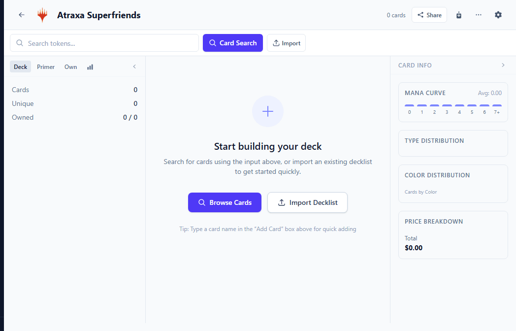Deck editor with card list and mana curve