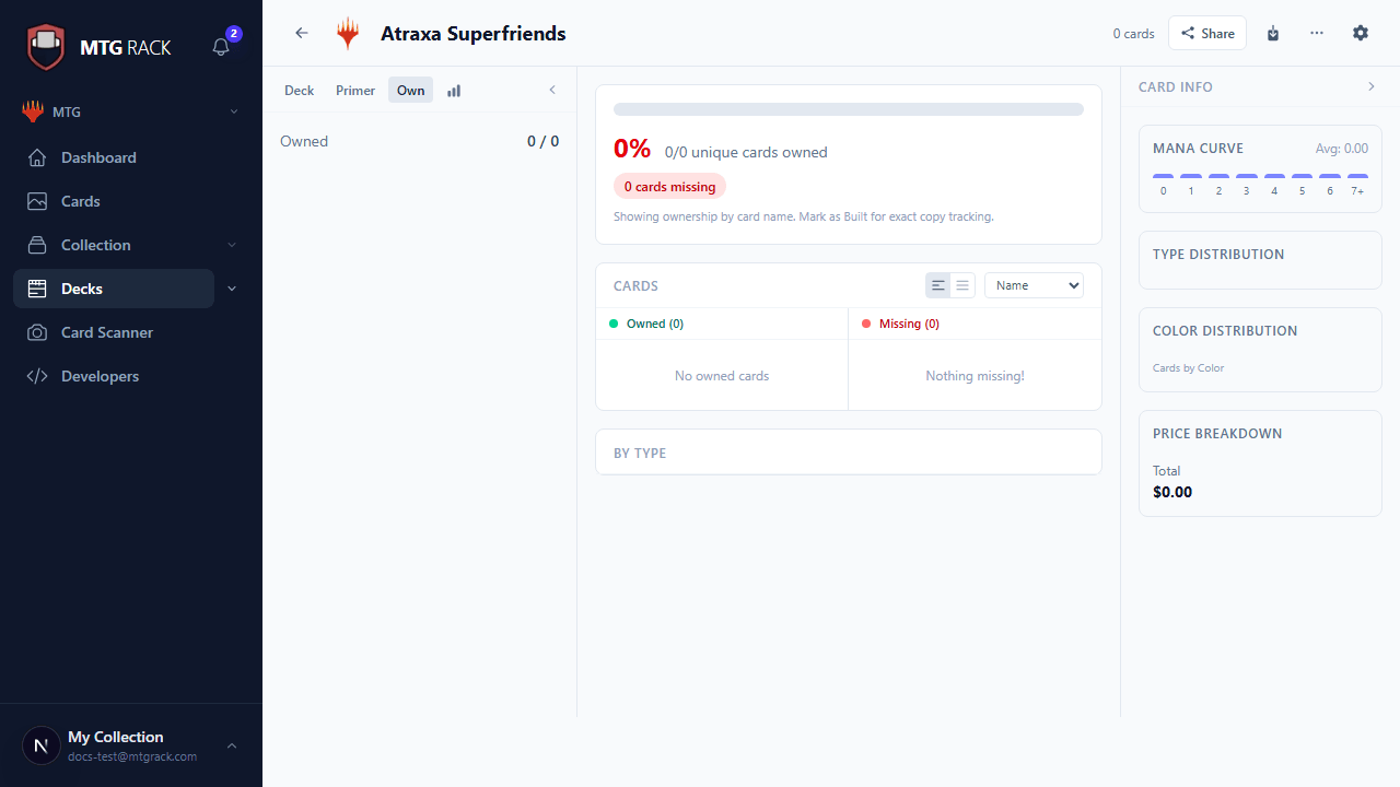 Deck readiness panel showing owned, partial, and missing cards