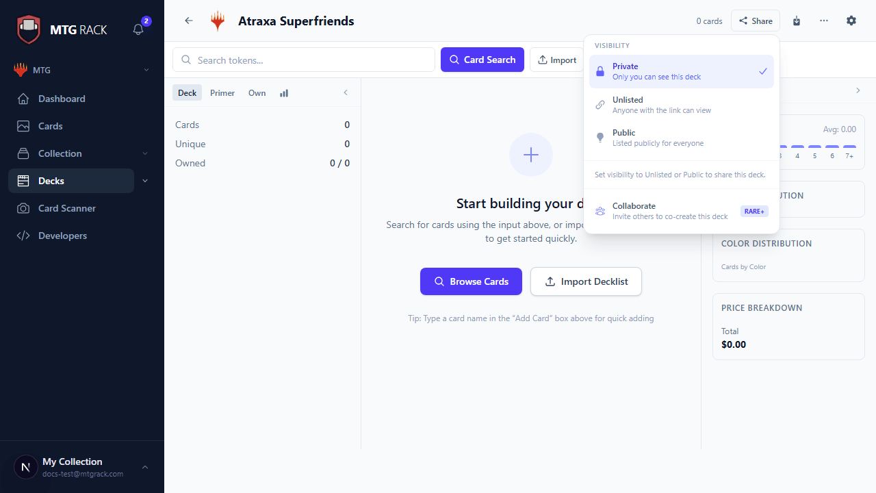 Deck sharing settings panel showing visibility options