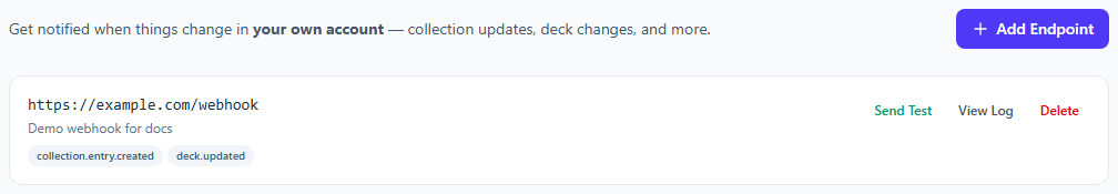 Webhook endpoint management with event selection and delivery log