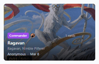 Deck card showing format badge, color identity, stats, and engagement metrics