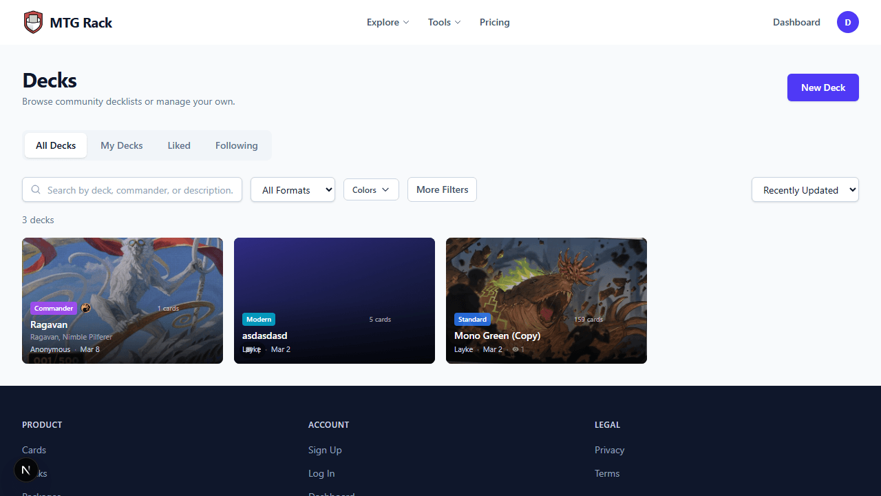 Explore decks page showing community deck feed with filters and sorting