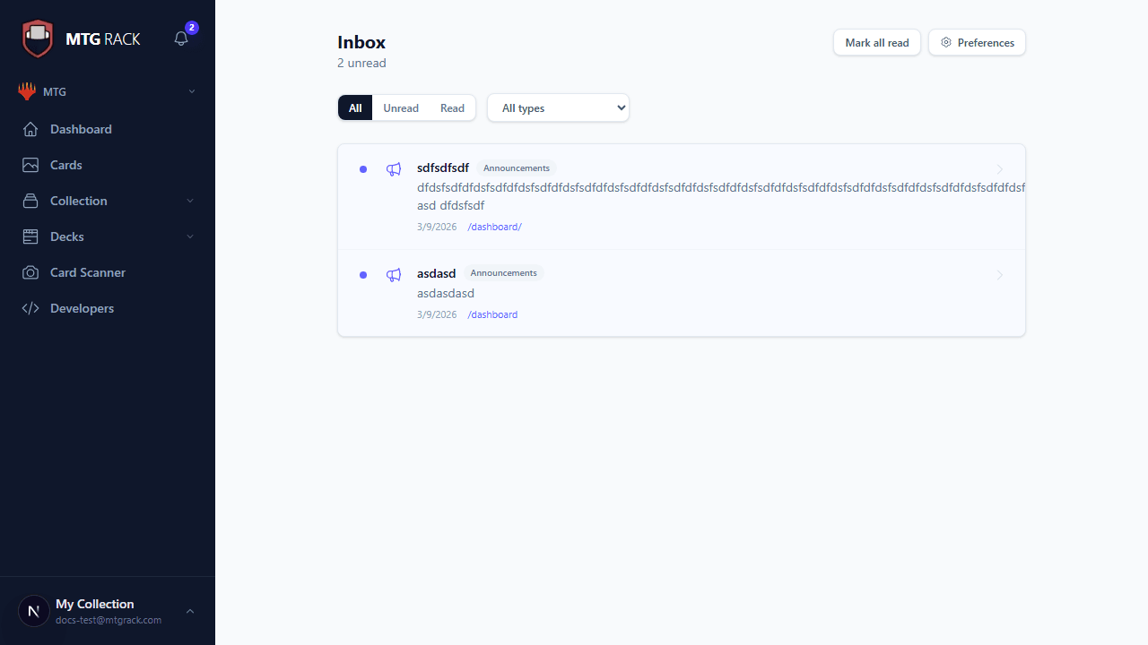 Inbox page showing notification list with type badges, messages, and timestamps