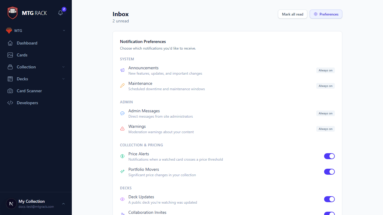 Notification preferences panel with per-category toggles and email settings