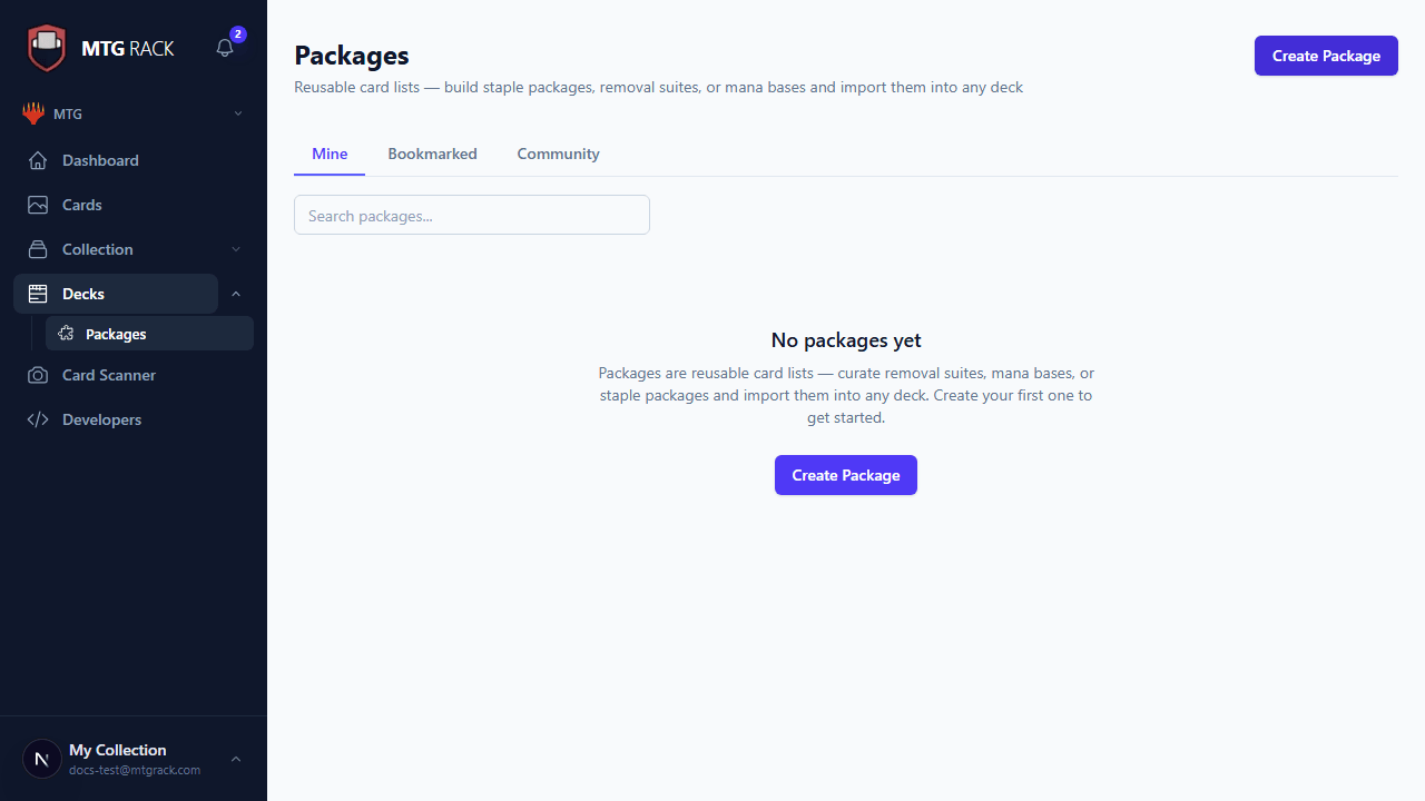 Package detail view showing card list, prices, and metadata