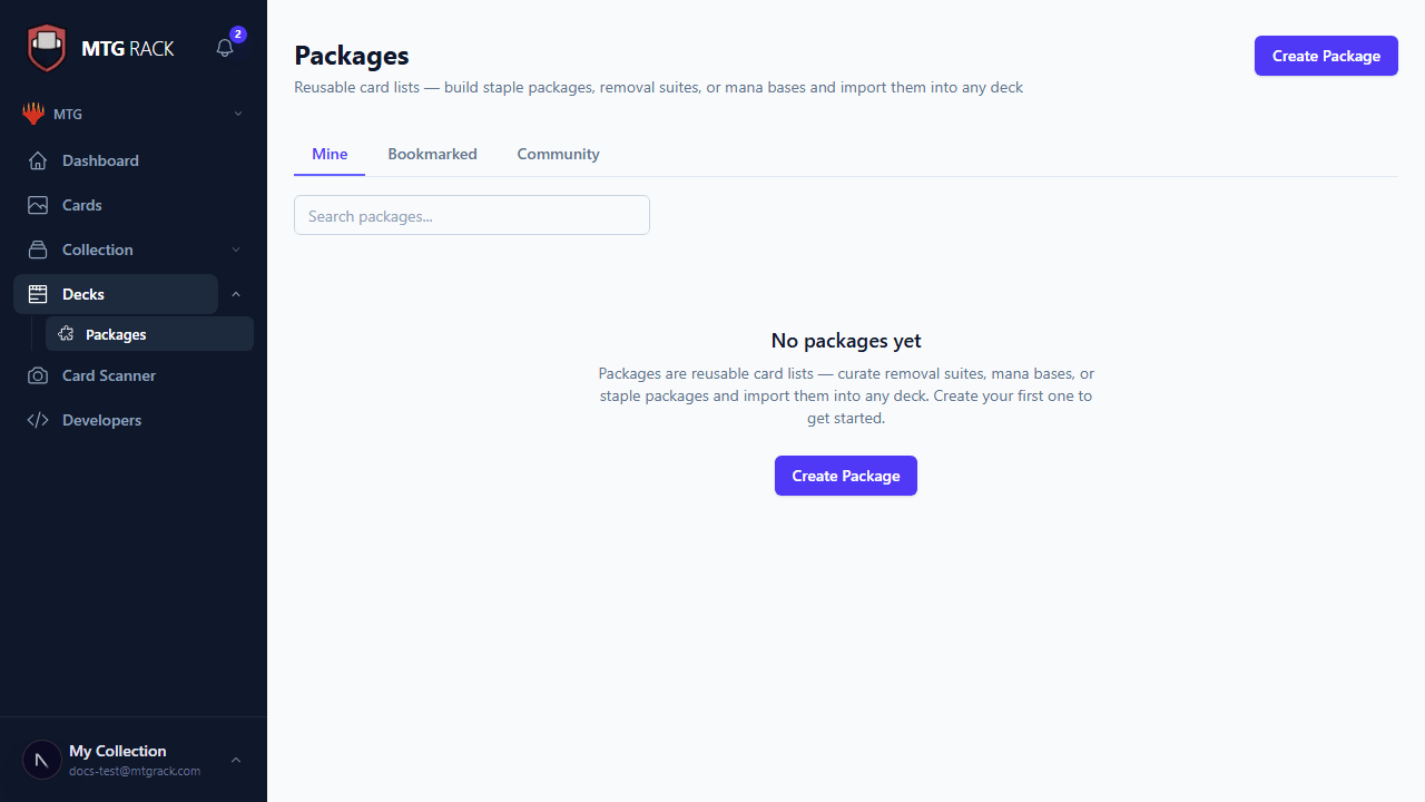Package list view showing tabs for Mine, Bookmarked, and Community
