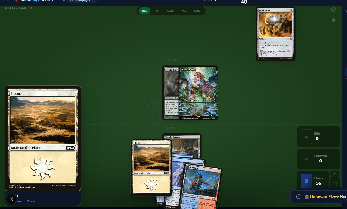 Playtest battlefield with creatures, lands, and artifacts arranged in distinct rows