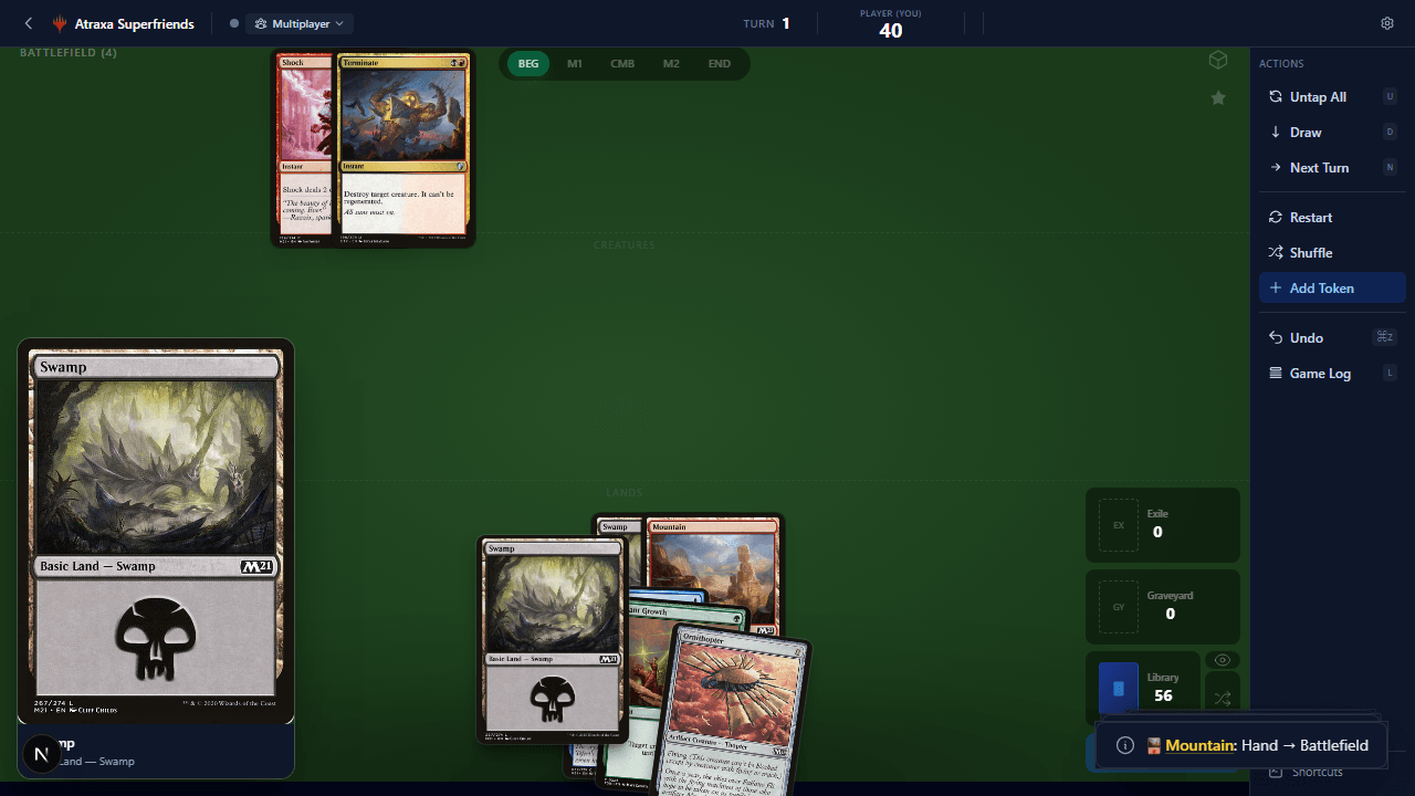 Playtest interface with cards on the battlefield