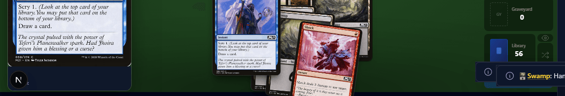 Playtest hand showing seven cards fanned at the bottom of the screen