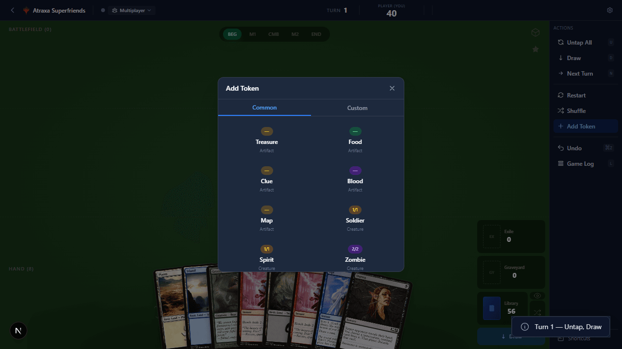 Token creation modal showing Deck Tokens, Common, and Custom tabs