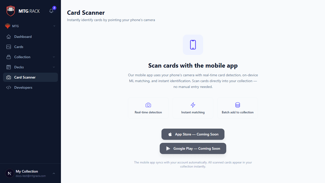 Card scanner interface showing viewfinder and matched result