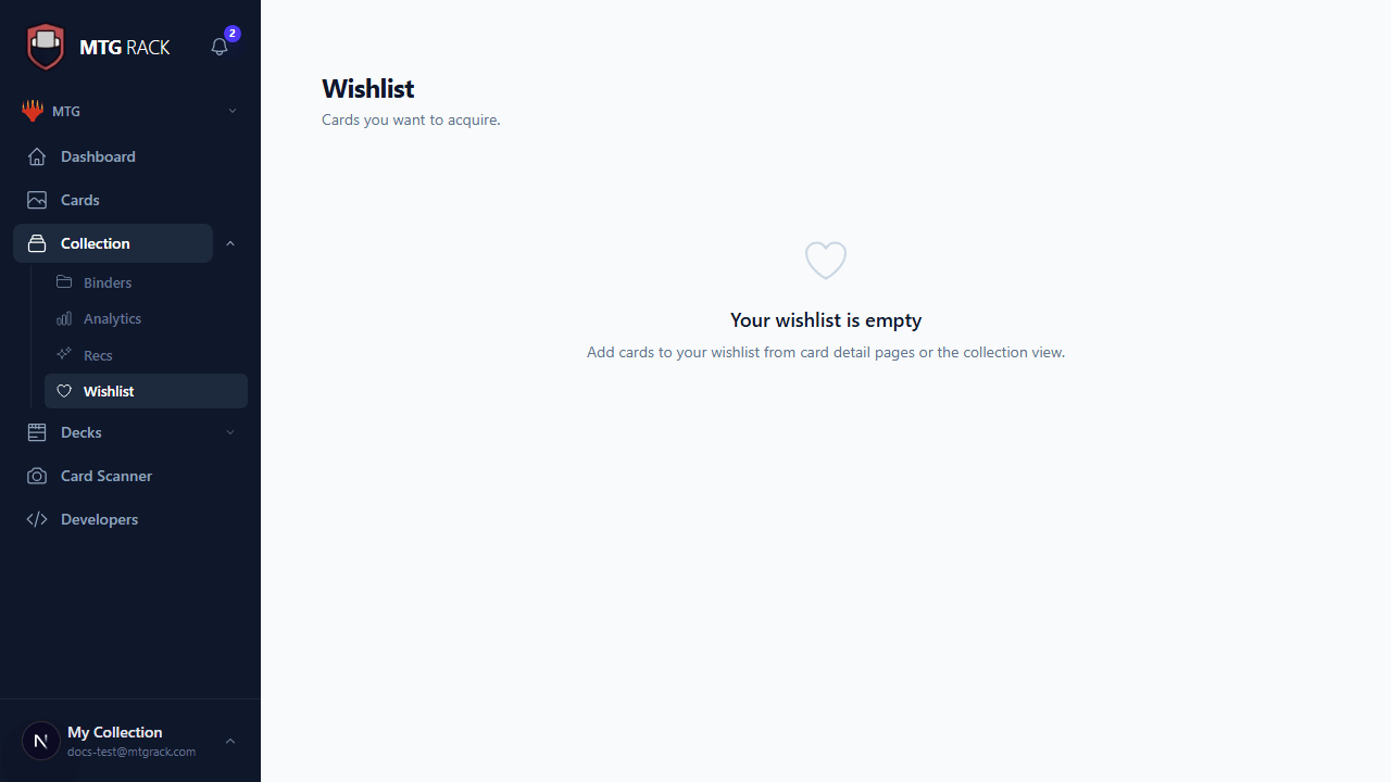 Wishlist overview showing cards with prices and priorities