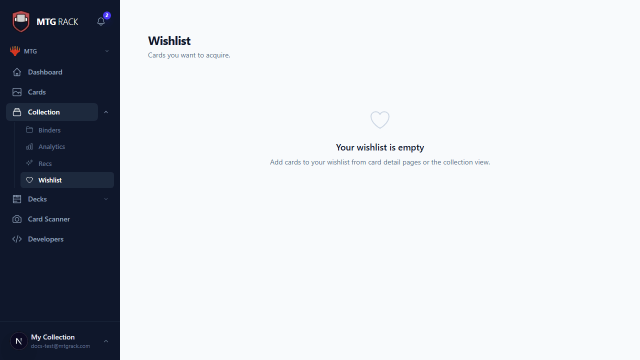 Wishlist entries showing different priority levels with color-coded badges