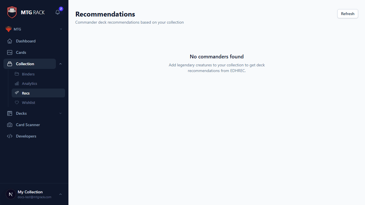 Recommendations page showing commander cards with match percentages